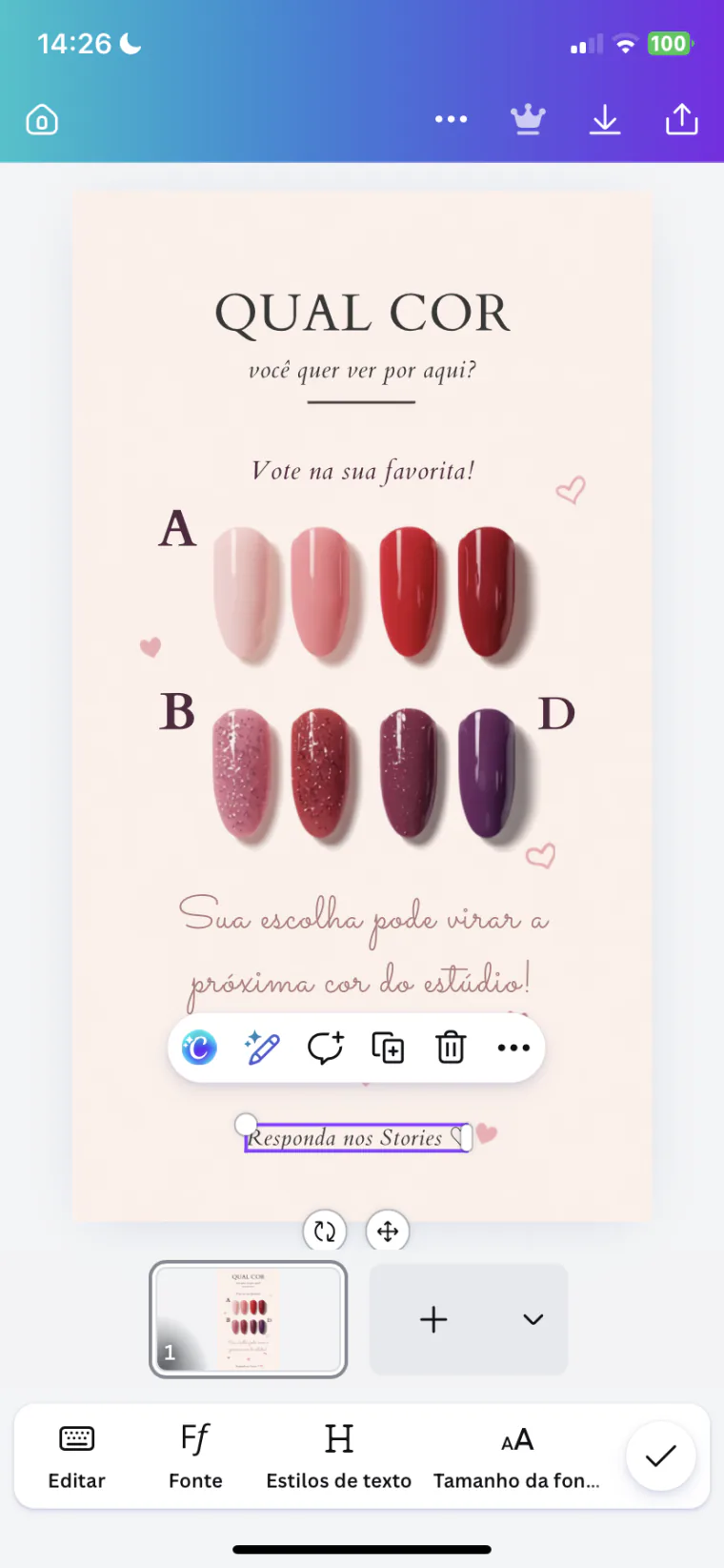 Modelo do Pack Nail Designer aberto para edição no aplicativo Canva
