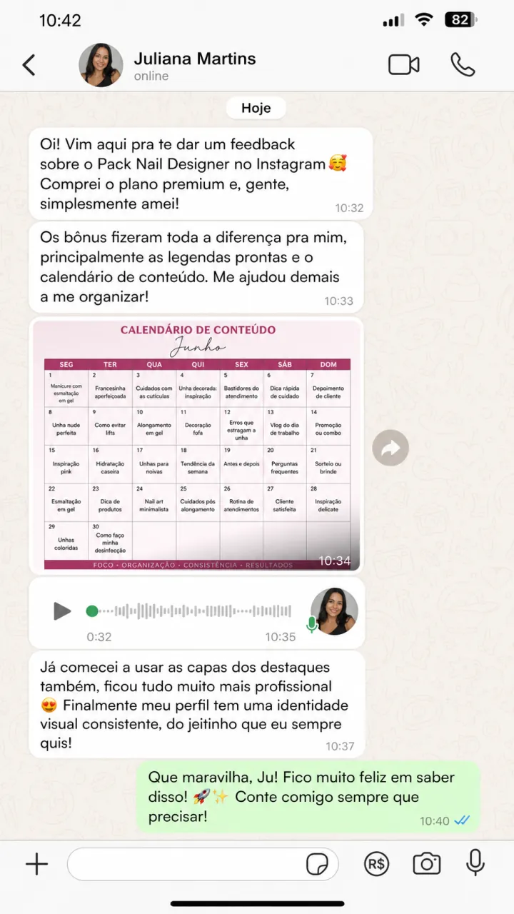 Conversa em que Juliana destaca os bônus, as legendas e o calendário de conteúdo