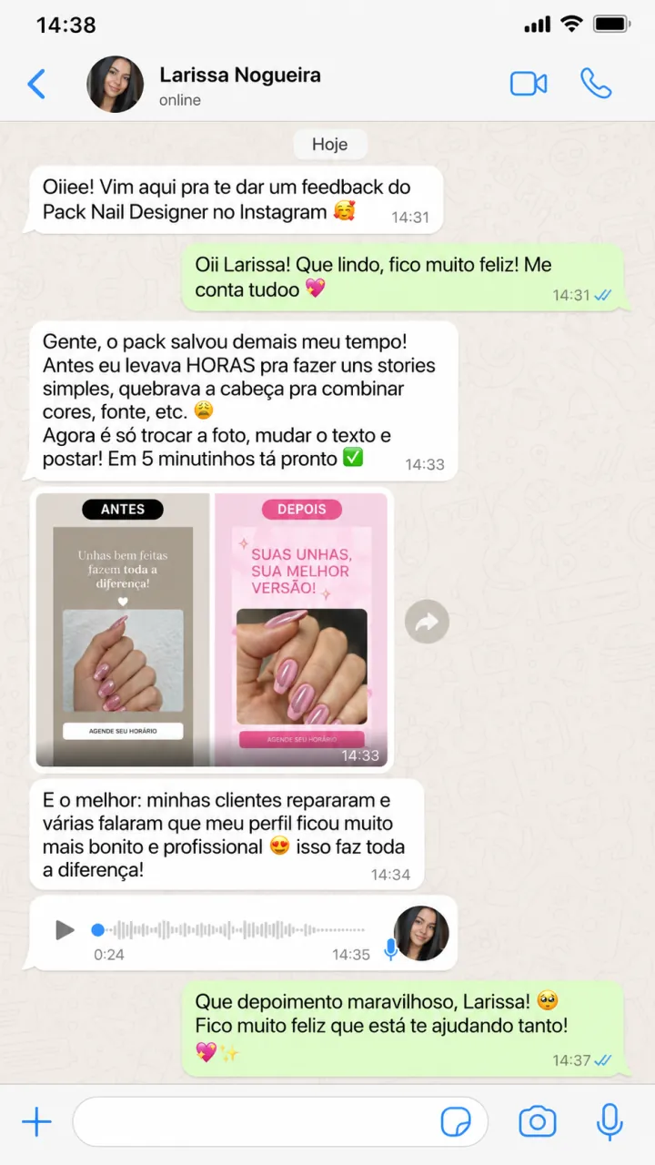 Conversa em que Larissa conta quanto tempo economizou criando Stories