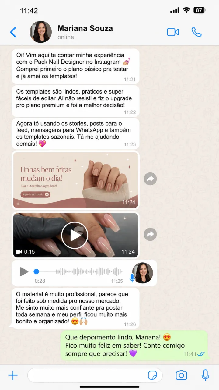 Conversa em que Mariana elogia a qualidade profissional e a variedade do material