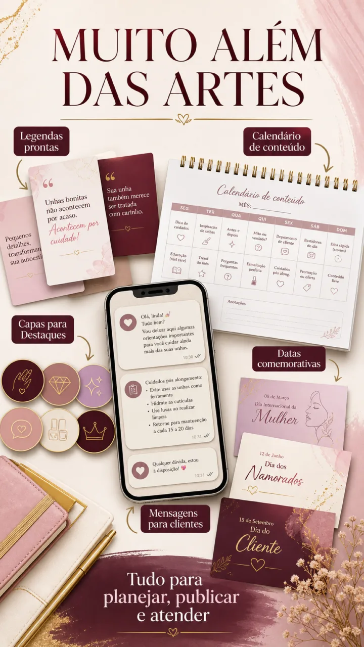 Composição com calendário, legendas, capas e mensagens prontas